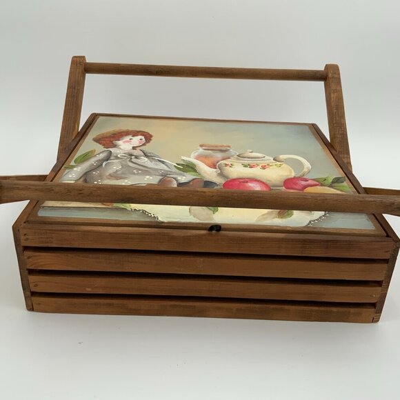 Handmade Vtg Folk Art Wood Sewing Box Carrying Case Hand Painted Cover - Picture 13 of 13